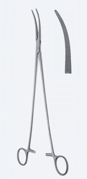 Зажими, хірургічні, дисекційні та лігатурні, "Zenker", вигнуті, зубчасті щелепи, з кремальєрою, загальна довжина 300 мм, 12"